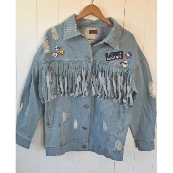 POL Denim jacket with fringe and distressed details SZ S - Picture 2 of 14